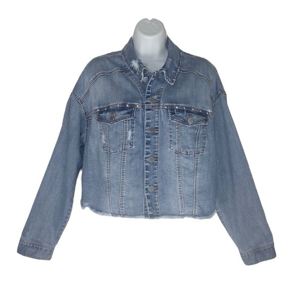 Liverpool Faded Blue Distressed Wide Long Sleeve Crop Denim Jean Jacket Medium - Picture 2 of 15
